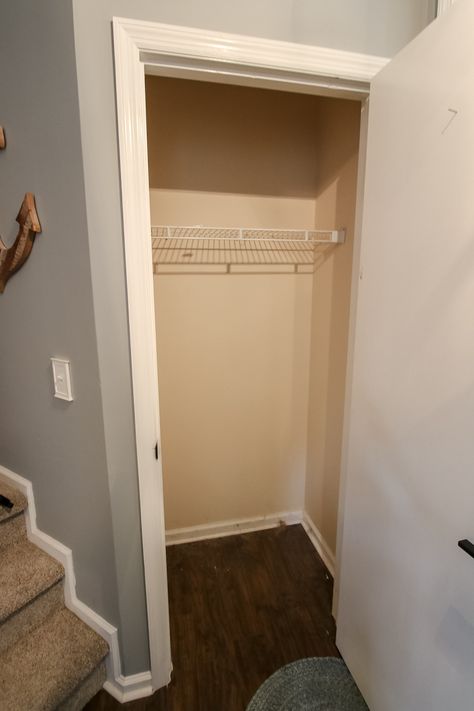 Does your entryway need a makeover? This coat closet started out as just one metal shelf, but a quick and inexpensive makeover made it so much more functional and beautiful! Check out the step by step process! #charlestoncrafted #diy #entryway #closet #makeover #closetmakeover Coat Closet To Shoe Closet, Hall Coat Closet Makeover, Turn Coat Closet Into Linen Closet, Inexpensive Closet Ideas, Entry Closet Ideas Entryway, Hallway Coat Closet Makeover, Tiny Coat Closet Organization, Coat Closet Renovation, What Color To Paint Inside Closets