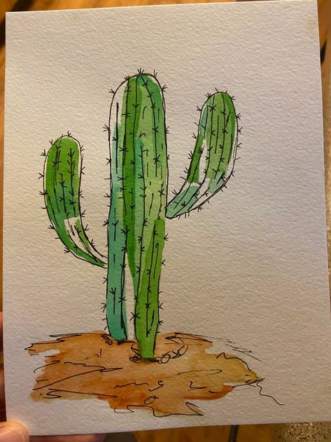 Watercolor With Pen Outline, Cactus Cards, Mexican Art Painting, Illustrated Journal, Colored Markers, Cactus Watercolor, Boho Painting, Watercolor Paintings For Beginners, Watercolor Cactus