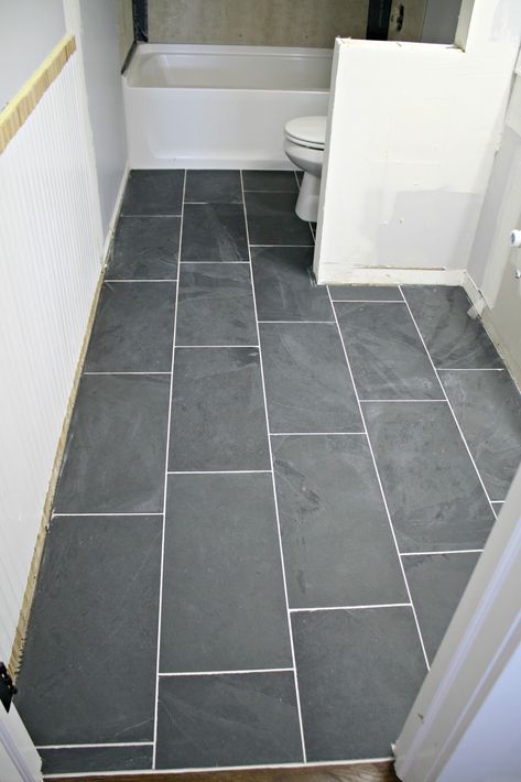 Dark gray slate 12x24 tile Slate Bathroom, Basement Bathroom Design, 12x24 Tile, Diy Bathroom Design, Gray Tile, Diy Bathroom Makeover, Bath Redo, White Bathroom Tiles, Tile Remodel