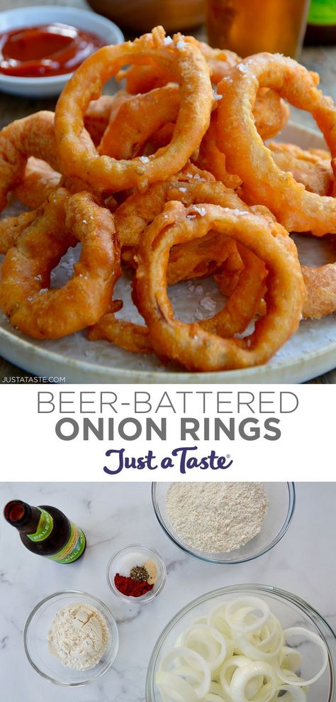 Top image: Homemade beer-battered onion rings piled high on a plate. Bottom image: A top-down view of four different-sized clear bowls containing sliced onions, flour and spices next to a bottle of beer. How To Make Batter For Frying, Best Beer Batter Recipe, How To Make Beer Batter, Beer Battered Pickles, Onion Ring Batter Recipe, Buttermilk Onion Rings Recipe, Homemade Beer Batter, Onion Rings Batter Recipe, Beer Batter Onion Rings Recipe