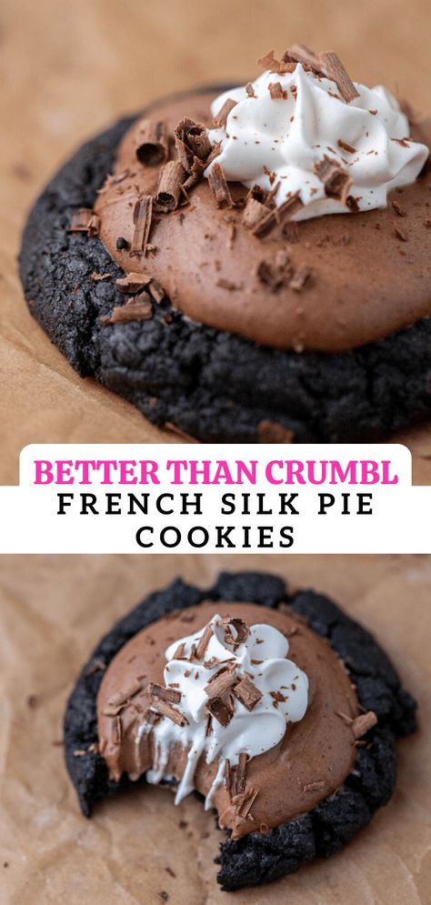 French Silk Pie Cupcakes, Copycat Crumbl Cookies French Silk Pie, French Silk Pie Brownies, French Silk Crumble Cookie, Crumble French Toast Cookie, Crumbl Cookie Copycat Brookie, French Silk Cake, Finger Foods From Around The World, French Silk Pie Cookie Crumbl