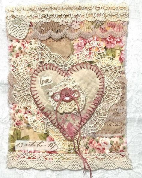 Fabric Art Journal Pages, Roxy's Journal Of Stitchery Vol 4, Fabric Journal Pages, Slow Stitch Hearts, Fabric Ephemera, Recycled Fabric Art, Cream Quilt, Snippet Rolls, Painted Fabric