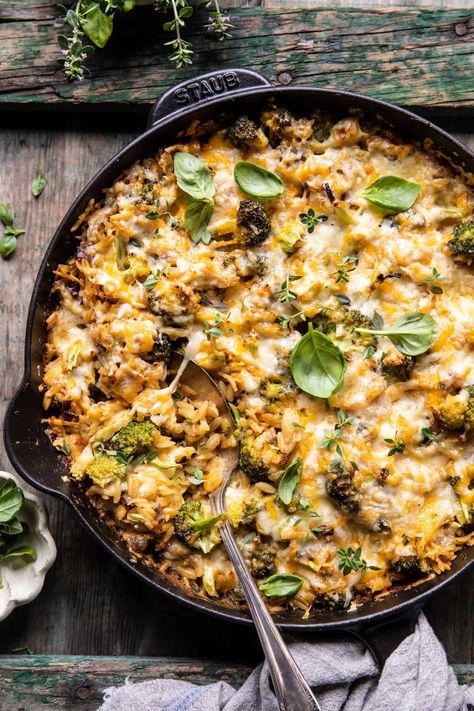 One Skillet Cheesy Broccoli Cheddar Orzo Bake | halfbakedharvest.com Broccoli Cheddar Orzo, Cheddar Orzo, Orzo Bake, Weeknight Casseroles, Half Baked Harvest Recipes, Cheesy Broccoli, Meatless Main Dishes, One Skillet, Harvest Recipes