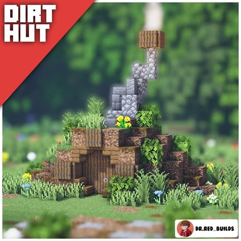 Dr.Red Builds on Instagram: “Low effort Dirt house! This is one of the most easiest and prettiest things you can build for your starter home once you start a survival…” Dirt Builds Minecraft, Minecraft Dirt House, Minecraft Hus, Minecraft Small House, Minecraft Halloween, Minecraft Town, Minecraft Idea, Minecraft Decoration, Flower Forest