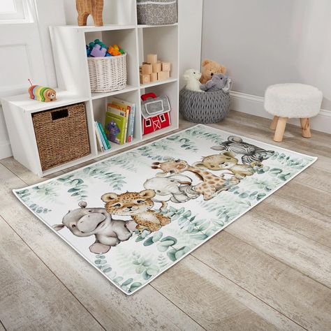 Zoo Animal Nursery Theme, Playroom Area Rugs, Playroom Area, Carpet Neutral, Neutral Kids Bedroom, Peanuts Nursery, Jungle Safari Nursery, Zoo Nursery, Nursery Layout