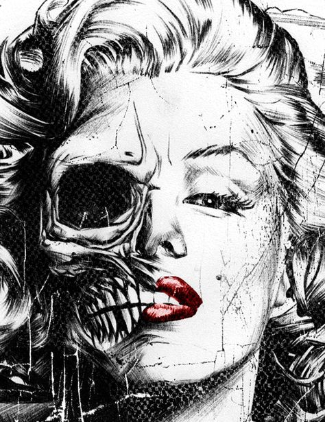 Two of my favorite things - zombies and Marilyn Monroe. I love vintage, classic beauty and femininity, but I also love zombies and things that are more "edgy." The juxtaposition of the two show that your style and taste do not have to be limited. Half Skull Face, Catrina Tattoo, Half Skull, Marilyn Monroe Art, Skull Face, A Skull, Skull Tattoos, Pics Art, Skull Art