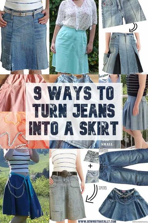 Refashion Jeans To Skirt Diy, Couture, Easy Denim Skirt Pattern, How To Make Jean Skirts Out Of Jeans, How To Make Skirt From Old Jeans, Refashion Jeans To Skirt, Jean Into Skirt Diy, Converting Jeans To Skirt, Diy Blue Jean Skirt