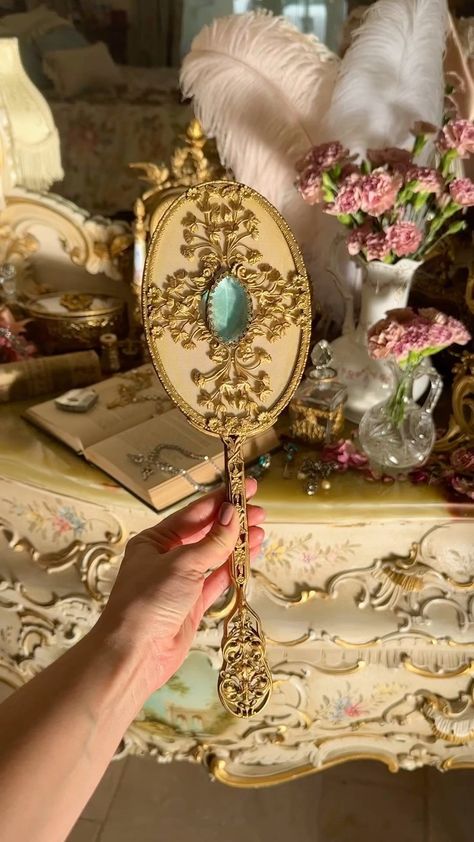 Antique 1920s ormolu “Apollo” hand mirror with rare aquamarine colored glass jewel🩵 Available for sale at my Etsy shop. #handmirror… | Instagram Aquamarine Colour, Hand Mirror, Shabby Vintage, Feminine Aesthetic, Rococo, Hair Brush, Colored Glass, Aquamarine, Vanity