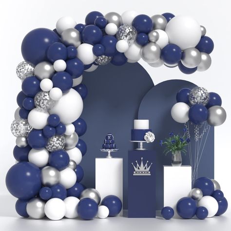 Gold Theme Party Decorations, White Party Decorations, Balloons Arch, Blue Party Decorations, Silver Confetti, Blue Graduation, Gold Party Decorations, Silver Balloon, Black Balloons