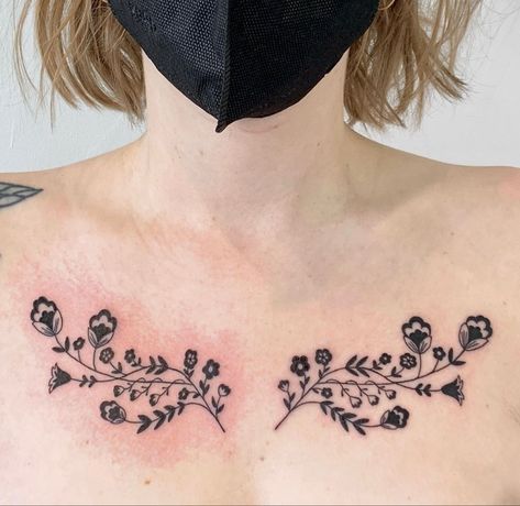 Cottage Core Chest Tattoo, Symmetrical Collarbone Tattoo, Ornamental Collar Bone Tattoo, Floral Collarbone Tattoo, Dainty Collarbone Tattoo, Feminine Collar Bone Tattoos, Symmetrical Flower Tattoo, Symmetrical Chest Tattoo, Floral Collar Bone Tattoo