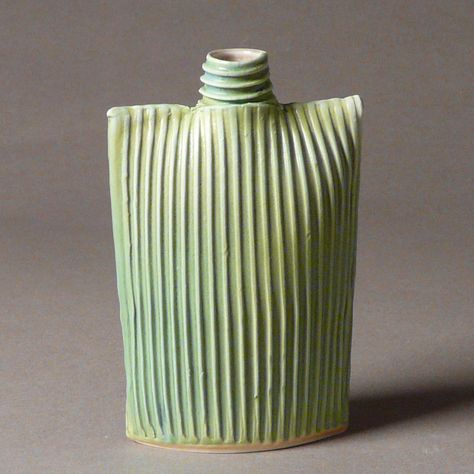 Porcelain ribbed oval flask bottle vase in bluegreen by Tjossem Soft Slab Ceramics Ideas, Handmace Vase, Ceramic Bottles Ideas, Clay Bottle, Ceramic Slab Ideas, Ceramic Bottle Design, Handbuilt Ceramic Vase, Ceramic Project Ideas, Hand Built Pottery Vases Modern