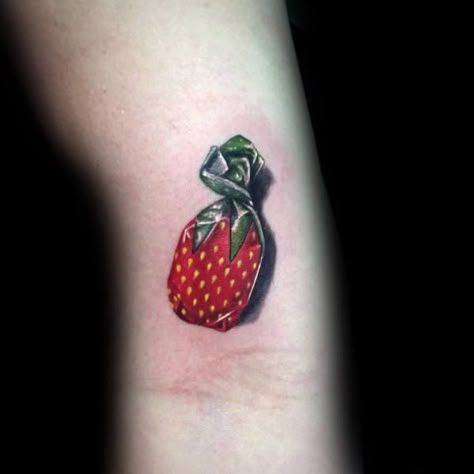 Candy Man Tattoo, Sweet Tart Tattoo, Sweets Tattoo Ideas, Strawberry Candy Tattoo, Sweet Tattoos Candy, Chocolate Tattoo Ideas, Sundae Tattoo, Halloween Candy Tattoo, Candy Tattoo Ideas