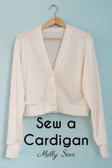 A step-by-step video tutorial and sewing pattern for beginners to make a cardigan without knitting or crochet. Sewing Pattern For Beginners, Sweater Free Pattern, Diy Cardigan, Melly Sews, Basic Dress Pattern, Winter Sewing, Diy Sweater, Free Sewing Patterns, Basic Cardigan