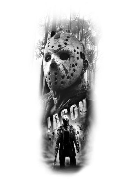 Jason Horror Tattoo, Jason Voorhees Art Drawing, Horror Forearm Tattoo, Horror Movie Tattoo Designs, Tattoos Horror Movies, Jason Mask Drawing, Horror Movies Tattoos, Jason Tattoo Design, Jason Tattoo Friday The 13th