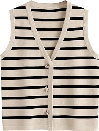 LILLUSORY Vest for Women Striped Dressy Tops Cropped Tank Tops 2024 Summer Sleeveless Button Up Cardigan Sweater Vests Work Tank Tops, Striped Sweater Vest, Vest Style Women, Woman Vest, Vest For Women, Sweater Vests, Striped Vests, Cardigan Sweater Vest, Outfits Y2k