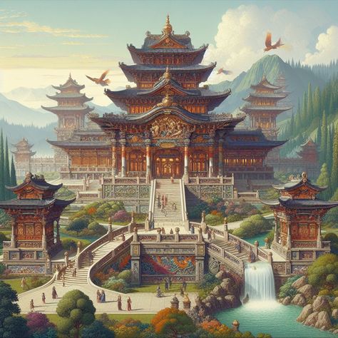 Japanese Palace Art, Japanese Fantasy Castle, Chinese Castle Fantasy Art, Chinese Palace Fantasy Art, Japanese Castle Art, Chinese Castle, Chinese Imperial Palace, Japanese Palace, Medieval Japanese