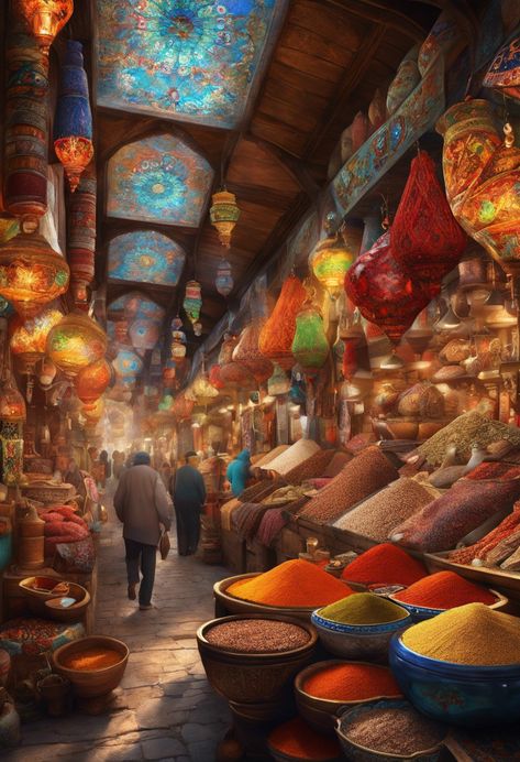 Spice Market Splendor Check more at https://paintlyx.com/spice-market-splendor/ Spice Market Aesthetic, Radiant Citadel, Fantasy Market, Middle Eastern Market, Writing Science Fiction, Fantasy Map Making, Spice Market, City Decor, Indian Market