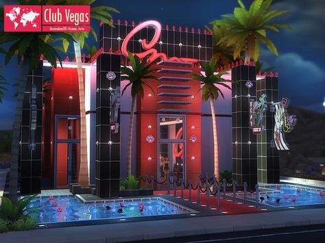 Club Vegas is the most popular nightclub in Oasis Springs! Everyone is in there all night! If you want to join this adventure with your sim, you should get it now and be ready to long nights!... Nightclub Exterior Design, Night Club Exterior, Sims 4 Cc Houses Download Furnished Patreon, Minecraft Casino, Sims 4 Club, Sims Architecture, Oasis Springs, Lotes The Sims 4, The Sims 4 Lots