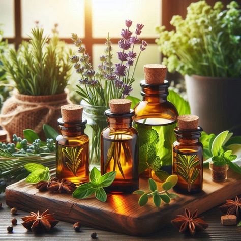 A couple of clear brown essential oils bottles, with lots of herbs, flowers and spices all around the bottles. There is a window in the background, as if the picture was taken in the kitchen. Skincare Drawing, Facial Serum Diy, Ancient Rituals, Essential Oil Skin Care, Turmeric Oil, Pomegranate Oil, Lemongrass Oil, Diy Facial, Using Essential Oils