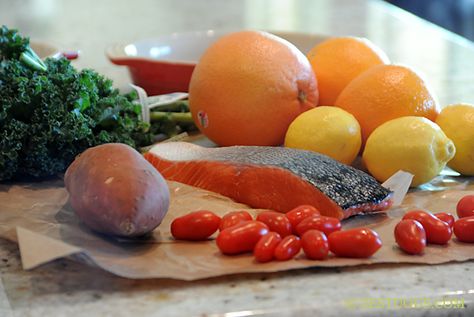 Baked Super Foods: Salmon, Kale & Sweet Potatoes from Zestuous Wild Salmon, Salmon Filet, Leafy Greens, Grape Tomatoes, Baked Salmon, Citrus Fruit, Superfoods, Cherry Tomatoes, Kale