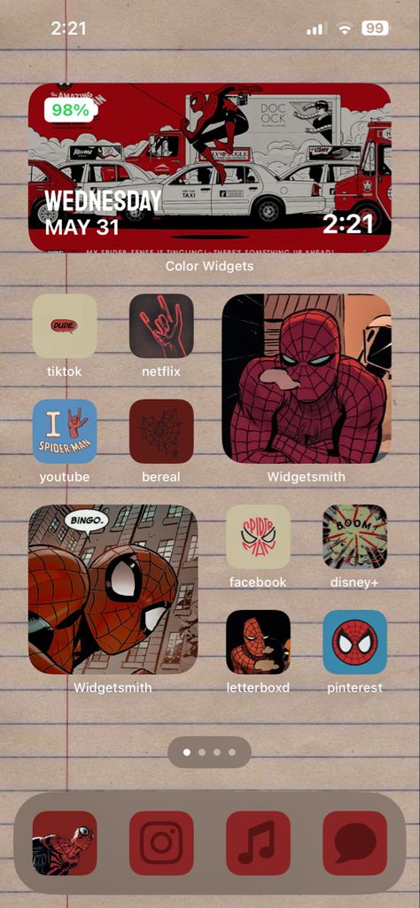 Spiderman Theme Homescreen, Spiderman Home Decor, Spiderman Ios Layout, Spiderman Lockscreen Aesthetic, Deadpool Homescreen, Spider Man Home Screen, Spider Man Phone Theme, Phone Home Screen Layout, Marvel Home Screen