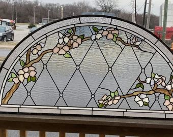 Stained glass window panel | Etsy Stained Glass Arch, Arch Windows, Moon Window, Gable Window, Arch Window, Dogwood Branches, Pink Dogwood, Stained Glass Window Panel, Dogwood Flowers