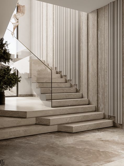 Minimal Entrance Design, Villa Entrance Design Interiors, Villa Stairs Design, Villa Staircase Design, Lobby Interior Design Entrance, Modern Stair Case, Interior Design Stairs, Stairs Interior Design, Minimal Staircase