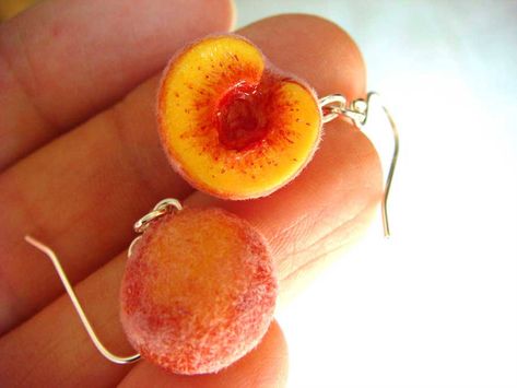 Porcelain Jewellery, Clay Fruit, Sculpture Jewelry, Clay Model, Food Sculpture, Cherry Necklace, Weird Jewelry, Peach Earrings, Pretty Accessories