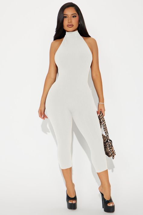 Available In Black And Off White. Jumpsuit Mock Neck Sleeveless Low Back Back Zipper Legging Capri Stretch Compression Rib 86% Rayon 14% Spandex Imported | Cassandra Snatched Capri Jumpsuit in Off White size Large by Fashion Nova Off White Jumpsuit, Capri Jumpsuit, Off White Fashion, Zipper Leggings, Capri Set, Play Suit, Color Block Leggings, Makeup Makeover, White Gowns