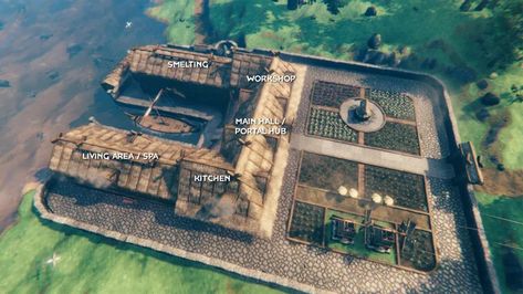 Valheim Village Layout, Valheim Garden Design, Valheim Wall Design, Valheim Swamp Base, Valheim Boar Pen, Valheim Castle Ideas, Valheim Stone Build, Conan Exiles Base Design Ideas, Valheim Crafting Area