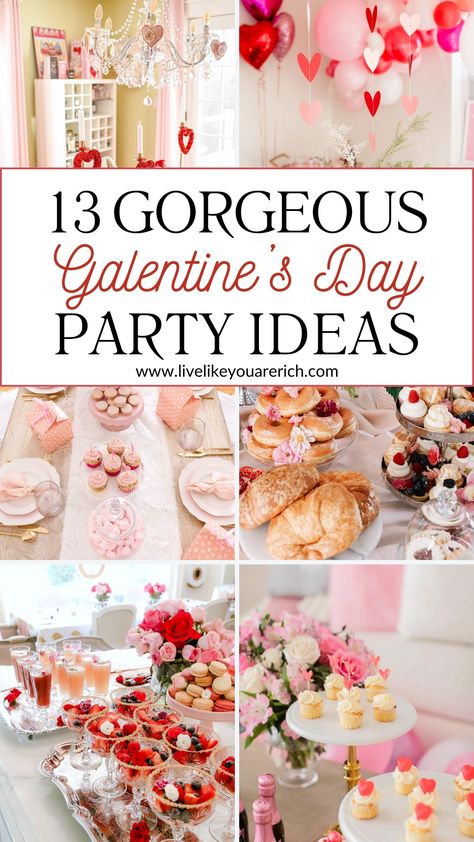 Looking for Galentine’s Day party ideas to make your celebration more memorable? Check out these 13 gorgeous ideas that your GALfriends will surelly love! Favorite Things Galentines Party, Gal-entines Day Party Ideas, Galentines Activity Ideas, Fancy Galentines Party, Galentines Party Themes, Valentines Party Ideas For Adults Decor, Valentines Party Aesthetic, Galentines Brunch Activities, Valentine's Day Party