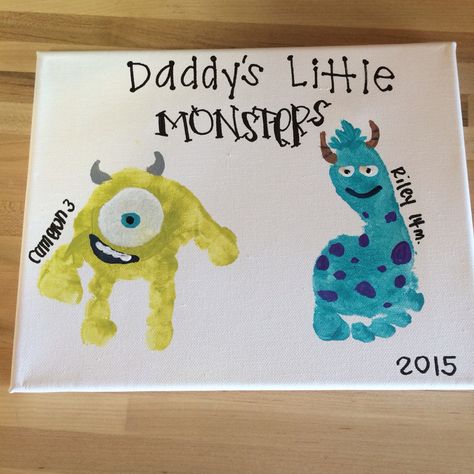 Father's Day gift monsters inc toddler handprint canvas craft Footprint Crafts, Footprint Art, Handprint Crafts, Daycare Crafts, Father's Day Diy, Handprint Art, Dad Day, Toddler Art, Fathers Day Crafts