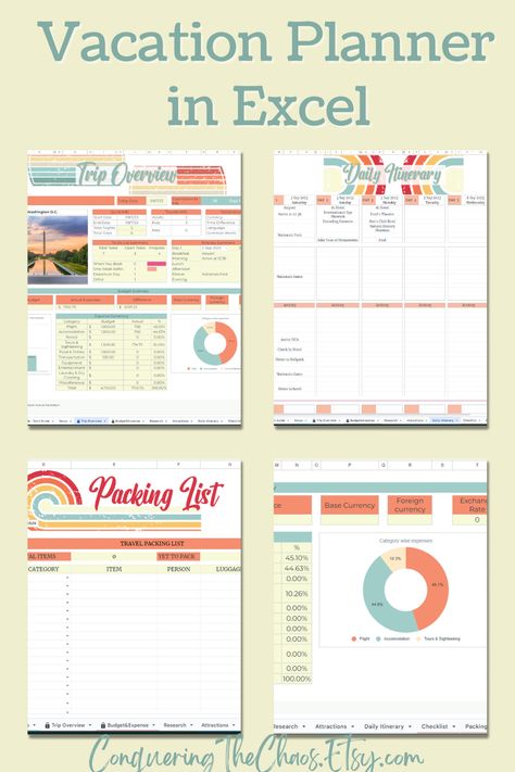 With this new 11 Tab Vacation Planner in Excel, you can stay within budget effortlessly using the budgeting & expense tab. Research the best attractions with the handy research tab. Keep track of all your to-dos with the checklist. Plan your daily activities with the daily itinerary. Never forget a thing with the packing lists. Get a quick overview of your trip with the trip overview page. And so much more! 🎉 Organization Travel, Vacation Itinerary, Packing Lists, Vintage Sunset, Itinerary Template, Vacation Planner, Travel Itinerary Template, Travel Organizer, Google Sheets