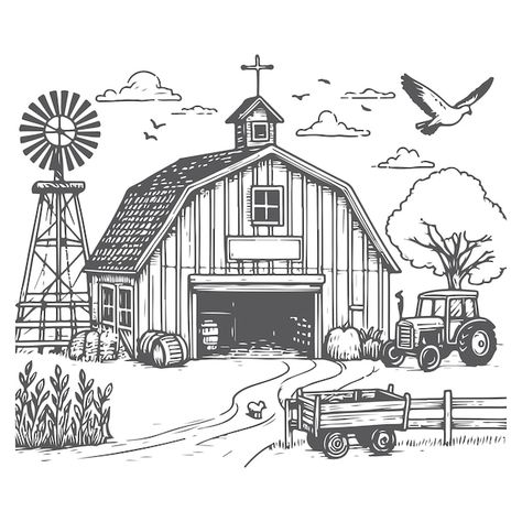 Barn black and white vectors, photos and PSD files | Free download Farm Scene Drawing, Farm Drawing, Farm Vector, Scene Drawing, Farm Scene, File Free, Psd Files, Graphic Resources, Hand Drawn