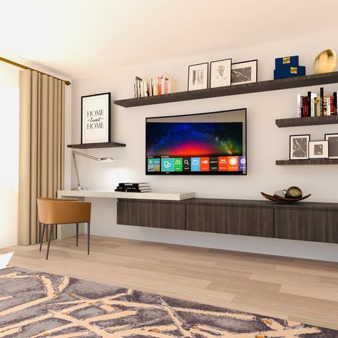 Tv Mounted Above Desk, Around Tv Decor, Modern Classic Living Room, Meja Tv, Indian Room Decor, Classic Living Room, Tv Wall Design, Tv Unit Design, Living Room Decor Apartment