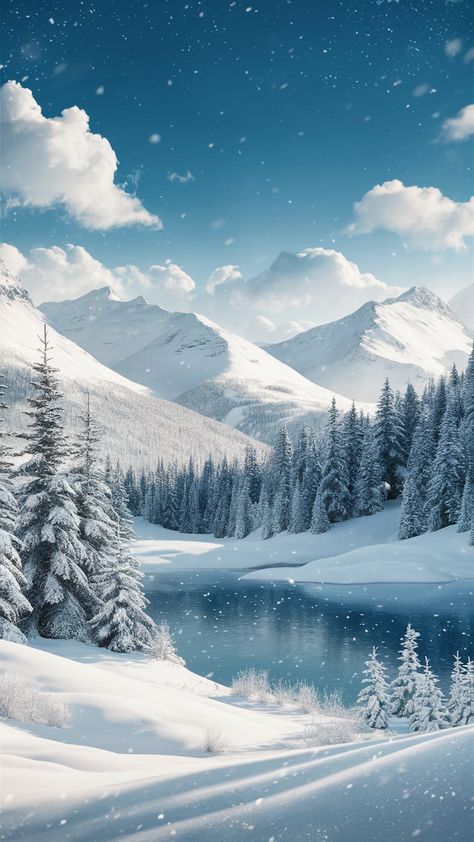 Immerse yourself in a serene winter landscape with glistening snow-capped mountains and a clear blue sky. This tranquil wallpaper features fluffy clouds, a majestic pine forest, and a sparkling frozen lake, all harmonizing to create a magical scene. Perfect for winter lovers, this stunning background brings calmness and beauty to your device. Ideal for seasonal decor, winter aesthetics, and nature enthusiasts. Ice Mountain Aesthetic, Winter Phone Backgrounds Wallpapers, Snow Forest Wallpaper, Blue Aesthetic Winter, Blue Christmas Aesthetic, Tranquil Wallpaper, Snowing Aesthetic Wallpaper, Winter Snow Aesthetic, Winter Clouds