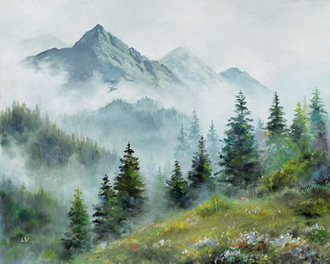 Misty mountains pine trees original oil painting. Transport yourself to a serene and enchanting forest of misty mountains with this stunning landscape painting. This work deftly captures the ethereal beauty of the mist as it gently embraces the towering trees and lush foliage. The soft, muted color palette adds to the dreamlike quality of the scene, evoking a sense of tranquility and peace. Hang this stunning piece in your home or office to create a relaxing atmosphere and bring a touch of natur Painting Foggy Forest, Montana Painting, Pine Forest Painting, Hallway Mural, Foggy Forest Landscape, Fantasy Woodland, Pine Tree Painting, Painted Pictures, Moody Nature