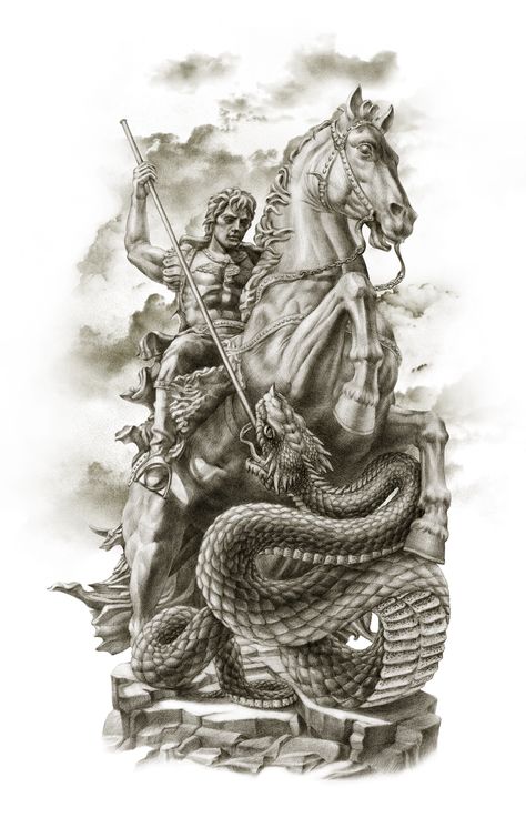 Angel Warrior Tattoo, St Michael Tattoo, Knight On Horse, Horse Tattoo Design, Archangel Tattoo, Heaven Tattoos, Saint George And The Dragon, Spartan Tattoo, Knight Tattoo