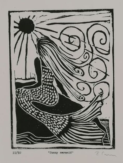 Mermaid Linocut, Linocut Illustration, Old Fashioned Typewriter, Beach Room Decor, Lino Art, Water Spirit, Witchy Wallpaper, Lino Cut, Linocut Art