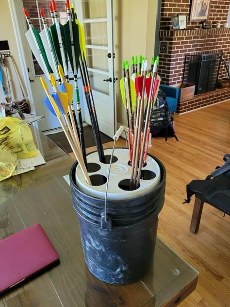 Archery Stand Diy, Arrow Storage Archery, Archery Work Bench, Archery Fundraising Ideas, Archery Targets Diy, Diy Archery Range, At Home Archery Range, Homemade Archery Target, Archery Storage Ideas