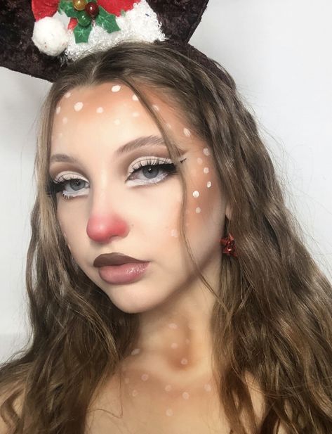 Christmas Makeup Looks Full Face, Reindeer Makeup Simple Kids, Cute Reindeer Costume, Rudolf The Red Nosed Reindeer Makeup, Reindeer Costume Makeup, Easy Christmas Character Dress Up, Cute Reindeer Makeup, Rudolph Makeup Reindeer, Festive Christmas Makeup