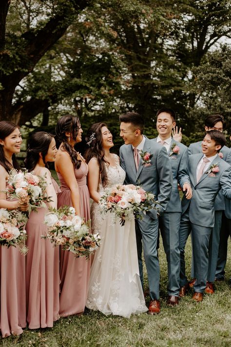 Mauve Wedding Colors Bridesmaid Dress, Dusty Rose Bridesmaid Dresses With Groomsmen, Dusty Pink Bridesmaid Dresses And Groomsmen, Rose Gold Bridesmaid Dress And Groomsmen, Pink Groomsmen Attire Color Schemes, Soft Pink Bridal Party, Dusty Rose Wedding Theme Groomsmen, Groom And Groomsmen Attire Grey Blush Pink, Groomsmen Attire Pink Wedding