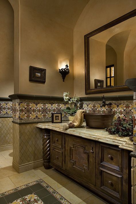 Old World Tuscan Design, Rustic Powder Room, Rustic Italian Home, Tuscan Bathroom, Tuscan Design, Tuscan Kitchen, Powder Room Design, Mediterranean Home Decor, Tuscan House