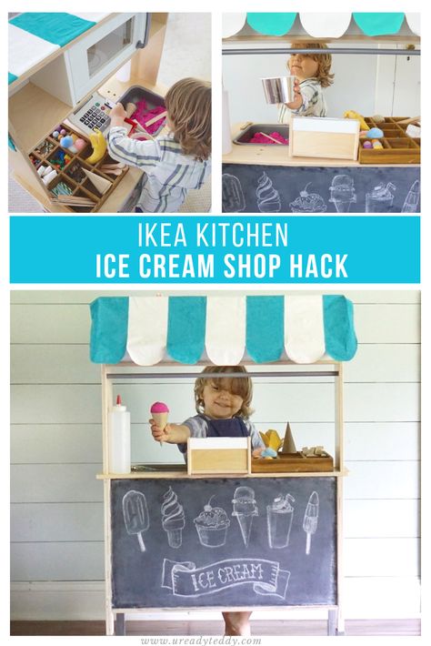 Cute Ikea Duktig Mini-Kitchen Hack Wooden Ice Cream Shop Makeover. Easy DIY Striped Awning + Chalk Board Sign Open-ended pretend dramatic play for toddlers, children, preschoolers, kids. Lemonade Stand, Hot Dog Stand, Bodega, Cafe, Coffee Shop, Flower Stand, Food Truck, Cash register, Sensory Play Ikea Kitchen Role Play, Ikea Duktig Ice Cream Shop, Ikea Kitchen Ice Cream Stand, Ikea Kids Kitchen Makeover, Ice Cream Stand Diy, Dramatic Play For Toddlers, Diy Ice Cream Stand, Ikea Kids Kitchen Hack, Kids Lemonade Stand