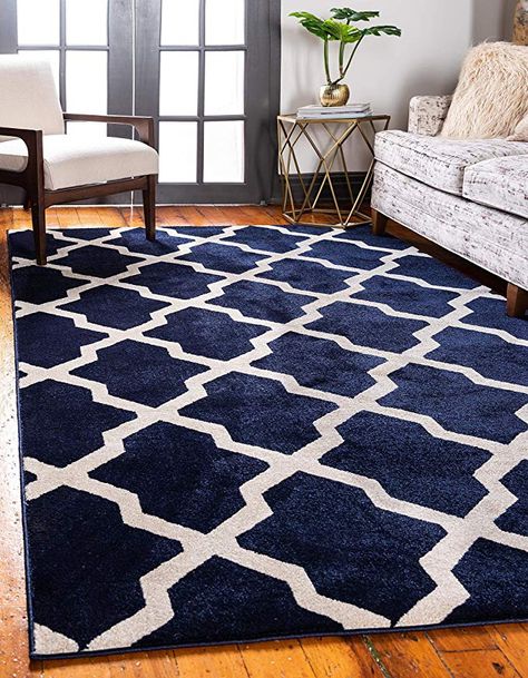 Amazon.com: Unique Loom Trellis Collection Geometric Modern Navy Blue Area Rug (9' x 12'): Home & Kitchen Navy Rug Living Room, Blue Rug Bedroom, Blue Rugs Living Room, Luxury Carpet, Blue And White Rug, Navy Blue Living Room, Blue Living Room Decor, Trellis Rug, Navy Blue Rug