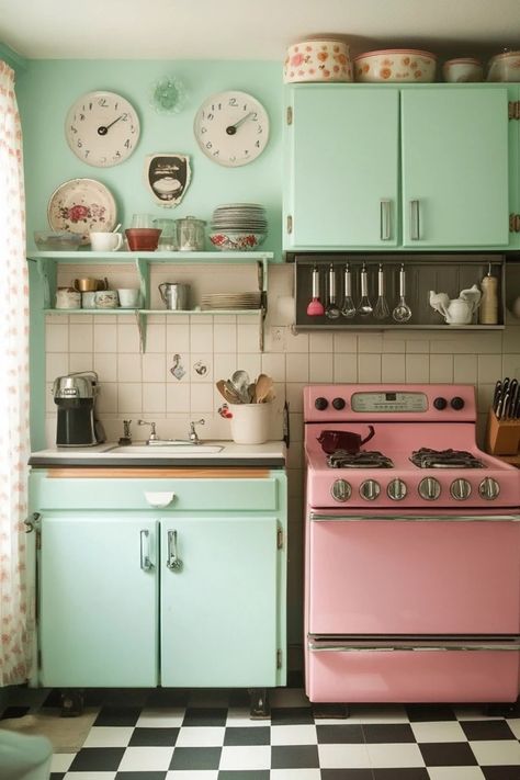 "Bring nostalgia into your home with Vintage-Inspired Kitchens! 🍳🕰️ Perfect for blending classic charm with modern functionality. 🌟✨ #VintageKitchens #HomeInspiration #RetroStyle" 50 Kitchen Retro 1950s, 50s Kitchen Aesthetic, 50s House Decor, Retro Diner Aesthetic Kitchen, 50s Kitchen Vintage, 50s Pink Kitchen, 1950’s Kitchen, 1950 House, 1950 Kitchen