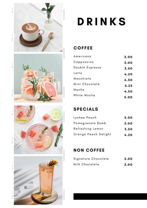 Restaurant & Takeout Menus | Design custom menus for free | Canva Online Menu Design Ideas, Hot Drinks Menu Design, Cafe Menus Food, Drink Menu Restaurant, Canva Menu Design, Takeout Menu Design, Online Menu Design, Cafe Drink Menu Design, Menu Design Drink