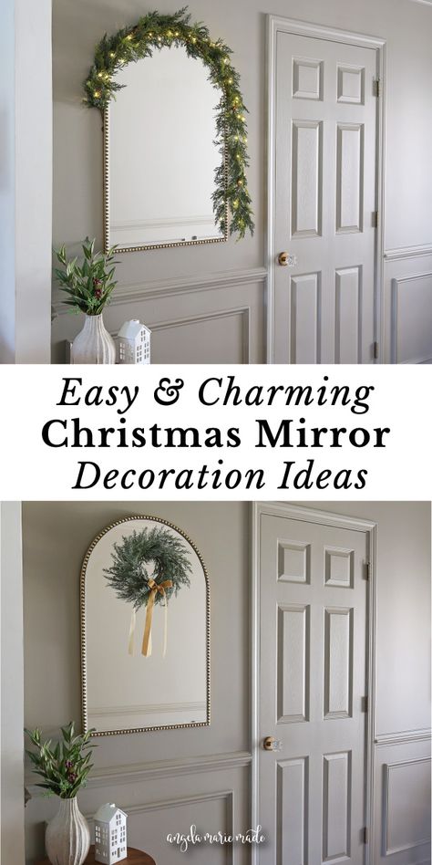 Learn how to easily decorate a mirror for Christmas that is beautiful and charming! Easy and Charming Christmas Mirror Decoration Ideas. Christmas decoration ideas for mirrors with Christmas wreath and Christmas garland. Christmas Garland Ideas Mirror, Decorate Mirror Christmas, Christmas Decor Mirror Ideas, How To Hang Garland Around Mirror, Wreath On Wall Living Rooms, Decorate A Mirror For Christmas, Decorate Mirror For Christmas, Decorating Mirrors For Christmas, How To Decorate A Mirror For Christmas