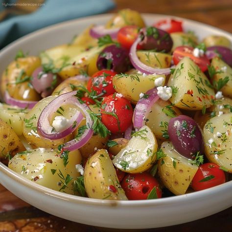 Greek Potato Salad, Greek Style Potatoes, Herbed Potato Salad, Greek Vegetables, Salad Buffet, Dairy Free Salads, Mediterranean Foods, Greek Potatoes, Fresh Salad Recipes