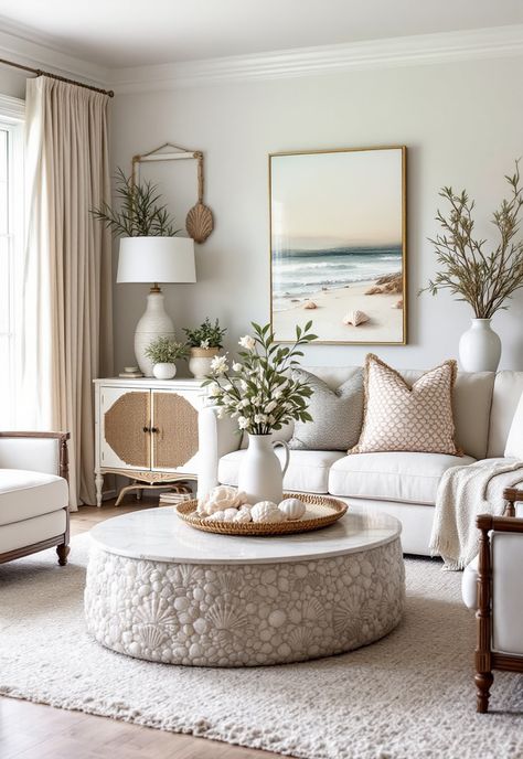 Coastal Living Room Beach Boho Apartment Decor, White And Rattan Living Room, Beachy Aesthetic Living Room, Coastal Boho Interior Beach Houses, Seashell Interior Design, Small Coastal Living Room Ideas, Calm Coastal Living Room, Coastal Mid Century Modern Living Room, Beachy Living Room Coastal Style